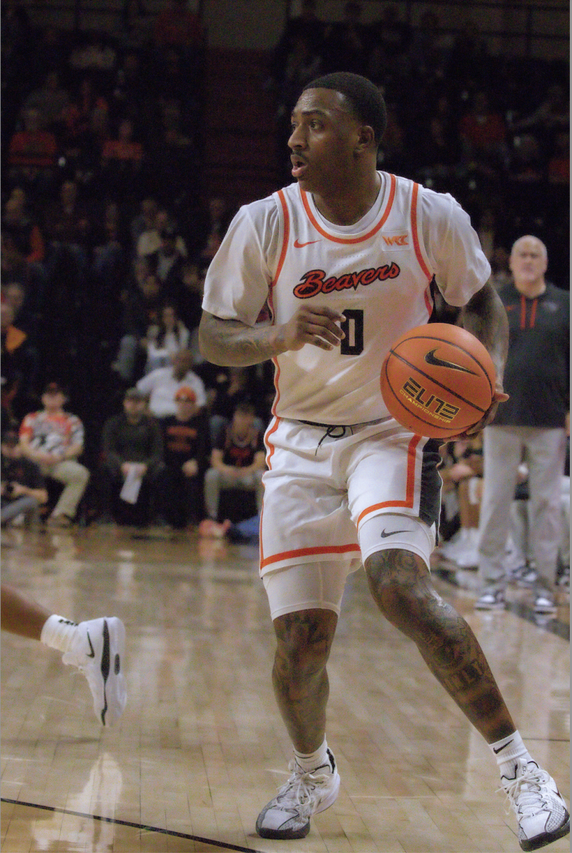 Damarco Minor (0) dribbles the ball across the court in the Beaver Men's Basketball game against Saint Mary's on Feb. 8th, 2025.